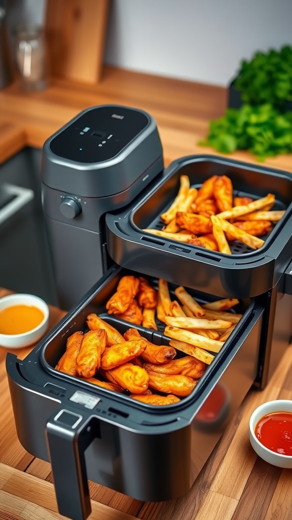 Double drawer air fryer with crispy chicken wings and fries.